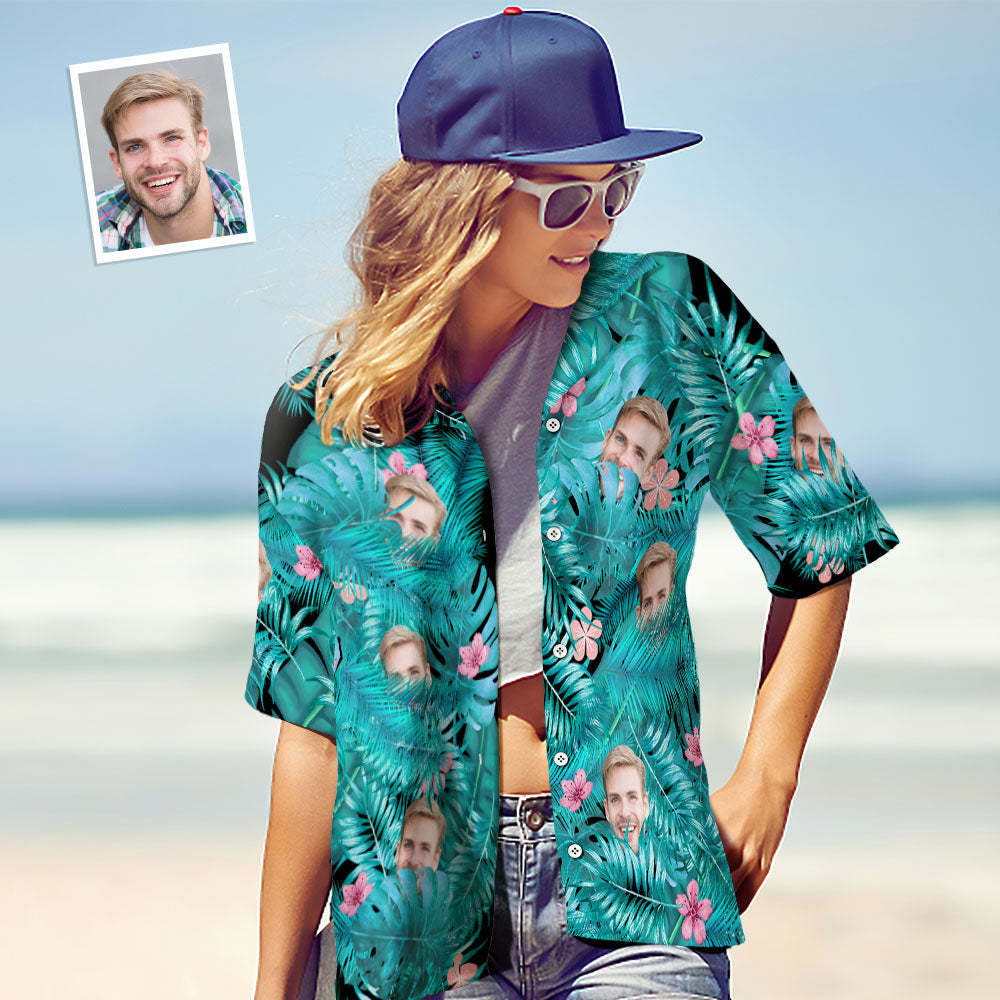 Custom Face Shirt Personalized Photo Women's Hawaiian Shirt Gift - Leaves and Pink Flowers
