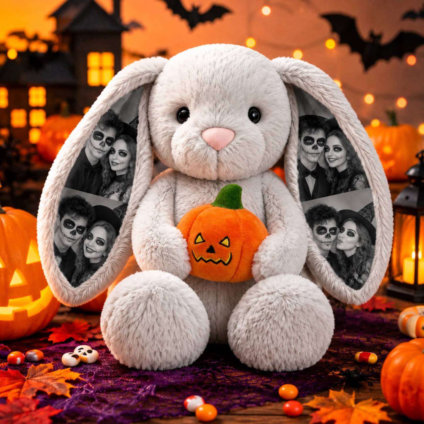 Custom Photo Halloween Plush Bunny, Personalized Photo Ears Rabbit Animal Stuffed Toy with Pumpkin & Witch Hat, Spooky Couple Gift for Halloween Decor - MyJigsawPuzzleAu