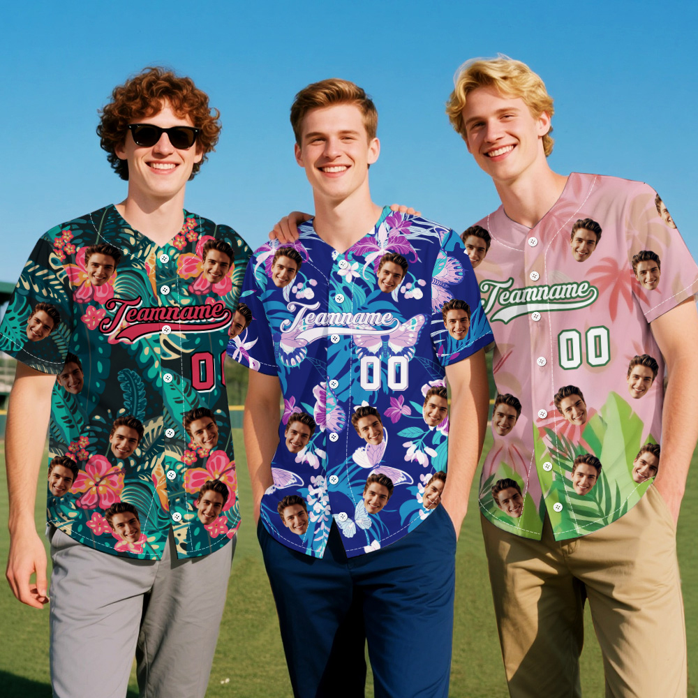 Custom Face Tropical Pattern Custom Baseball Jersey Personalized Jersey for Beach & Party - MyJigsawPuzzleAu