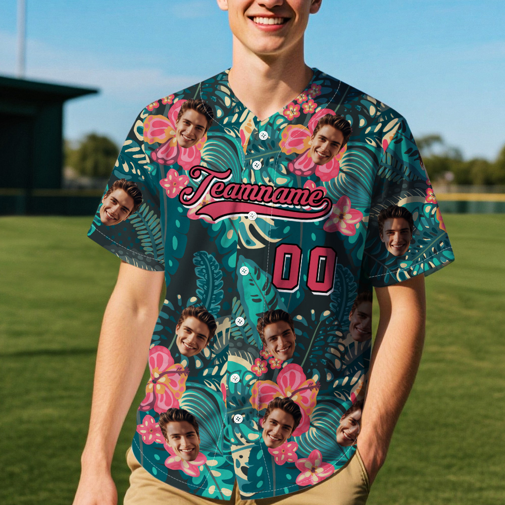 Custom Face Tropical Pattern Custom Baseball Jersey Personalized Jersey for Beach & Party - MyJigsawPuzzleAu