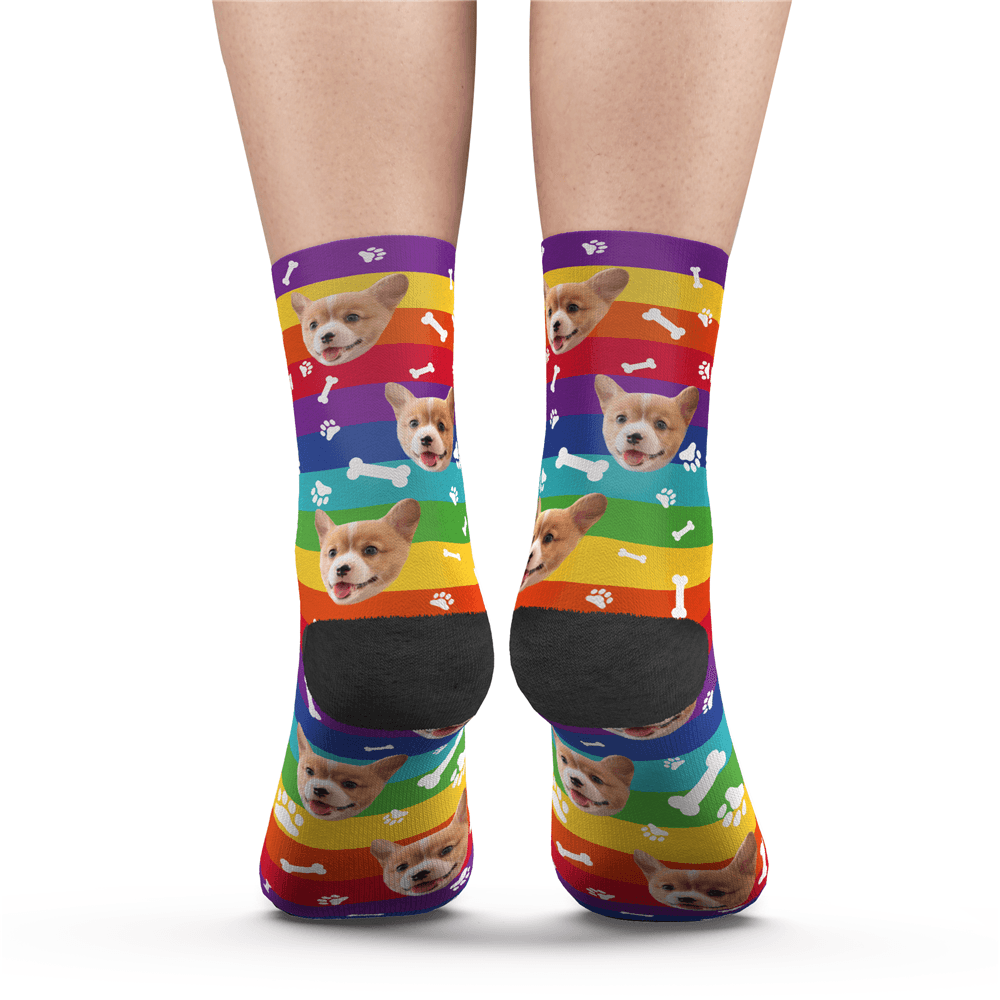 Custom Rainbow Socks Dog With Your Text -Put Face On Socks