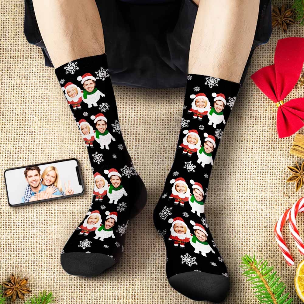 Custom Face Socks Personalized Christmas Shorts With Photo Santa and Snowman