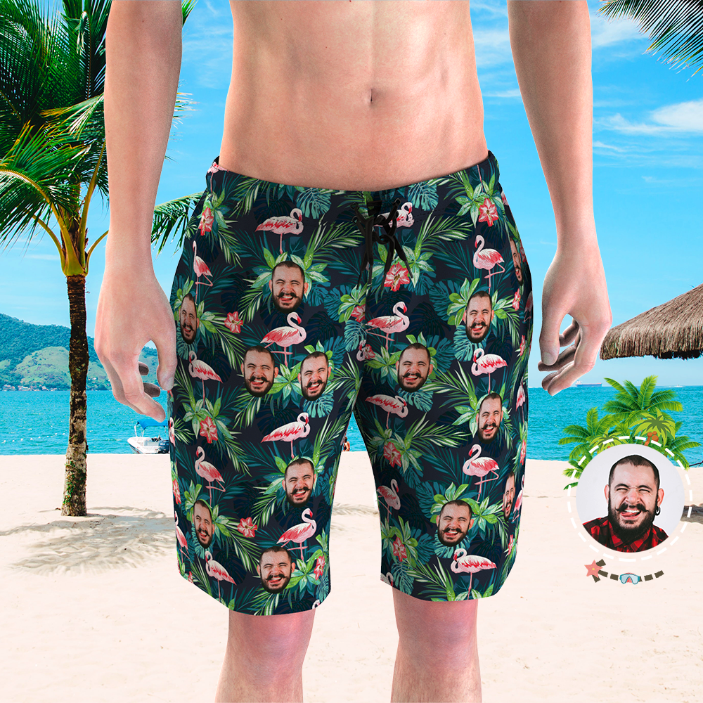 Custom Face Hawaiian Shorts Swim Trunks Gifts for Him- Flamingo And Leaves
