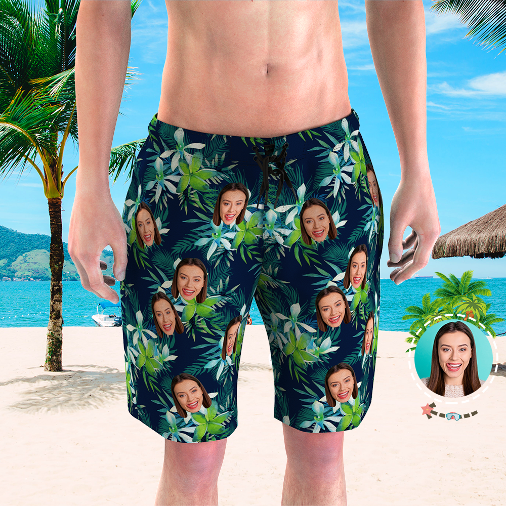 Custom Face Board Shorts Photo Swim Trunks Gifts for Him- Green Leaves