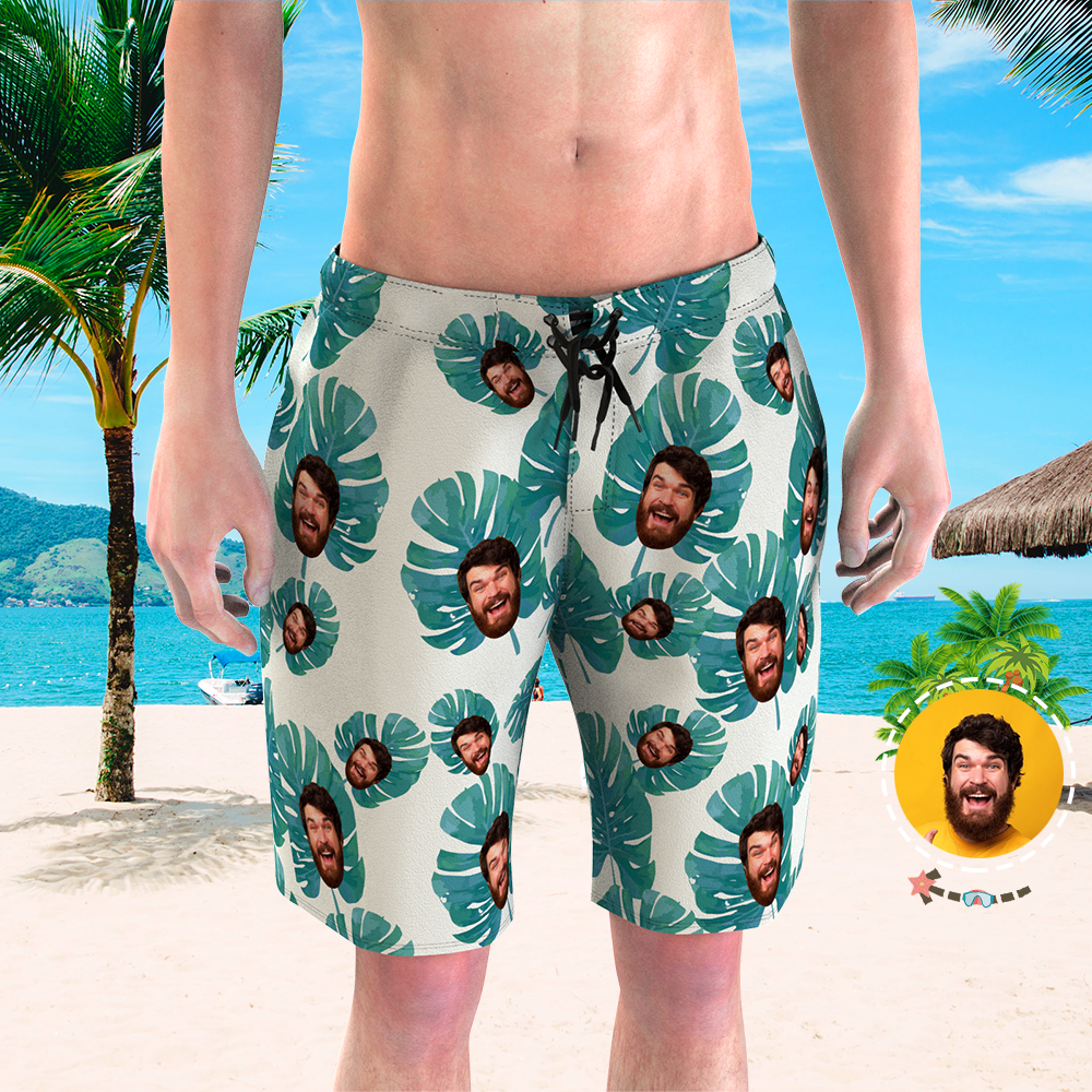Custom Swim Shorts Face on Swim Trunks Gifts for Him - Leaves