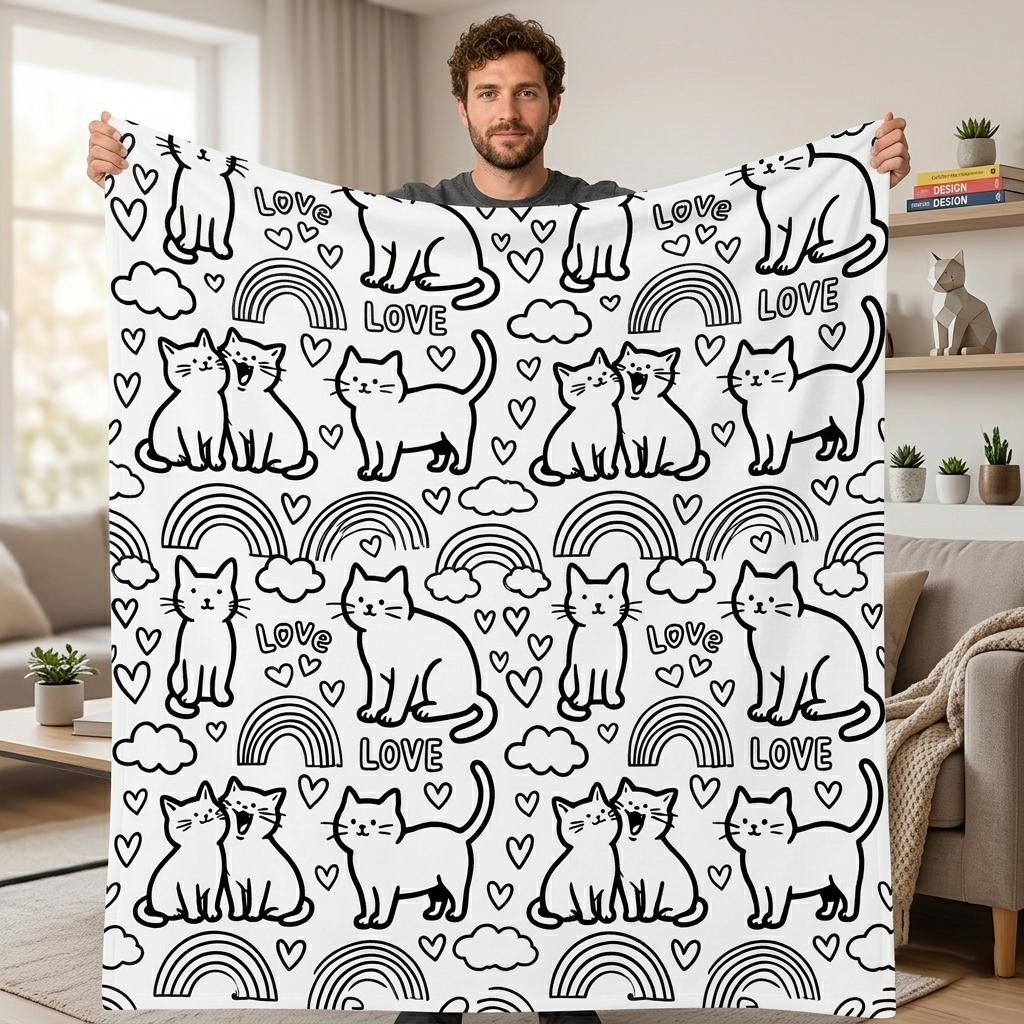 DIY Doodling Blanket | Cat & Rainbow | with 24 Colors Markers, Doodle Your Own Blankets, Customizable Washable Paint & Play Blankets for Adults