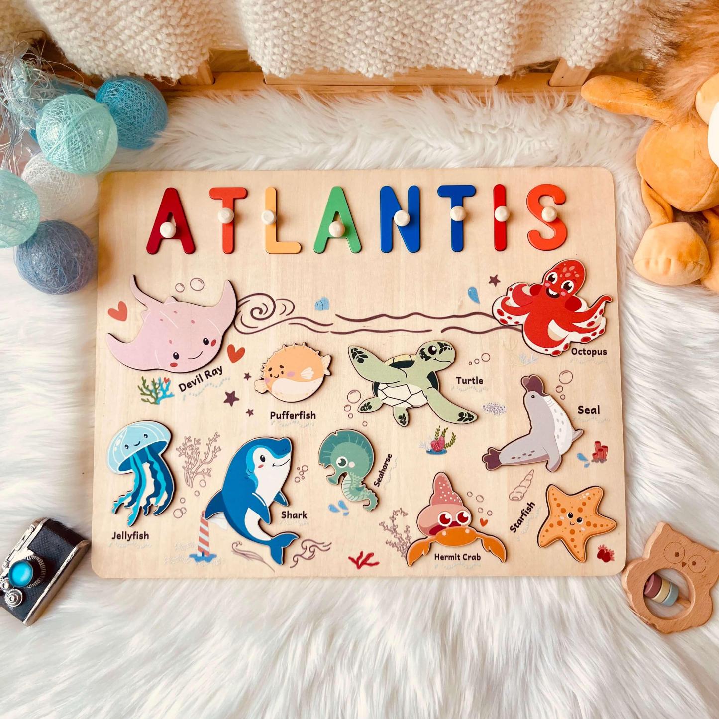 Personalized Wooden Name Puzzle - Ocean Animal Toy for Toddlers