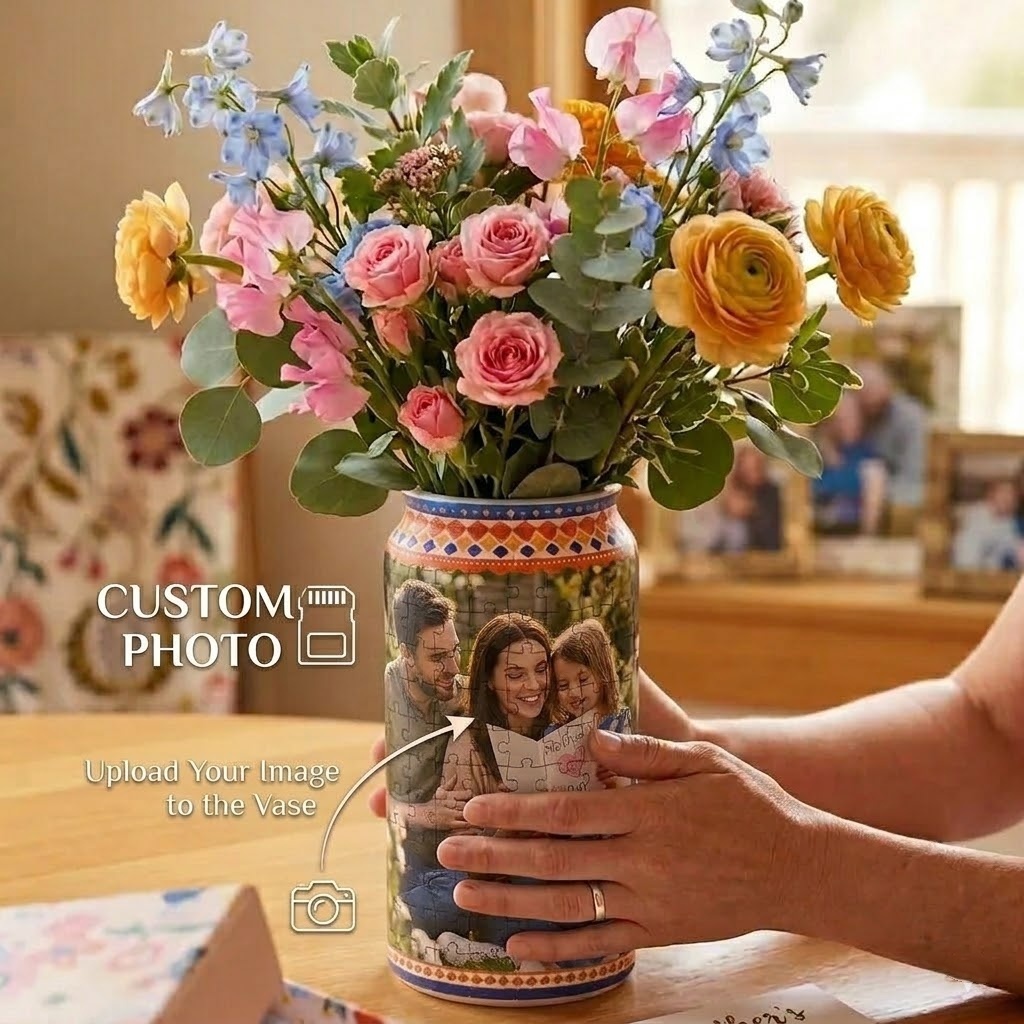 Personalized Photo 3D Jigsaw Puzzle Vase Mother's Day Custom Picture Jar with Lid Water-Resistant Cylindrical Storage Box