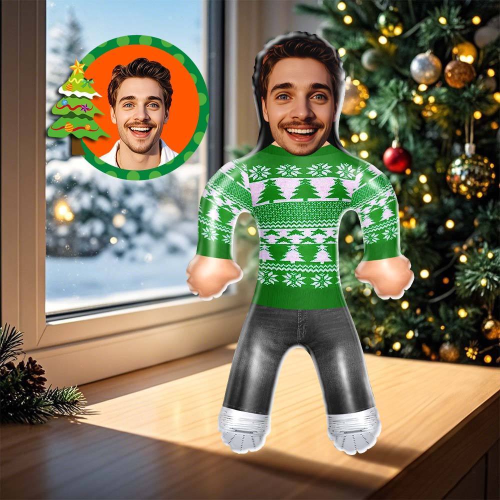 Custom Face Blow Up Doll In Green Christmas Jumper Air Minime Doll Funny Inflatable Christmas Gift - MyJigsawPuzzleAu