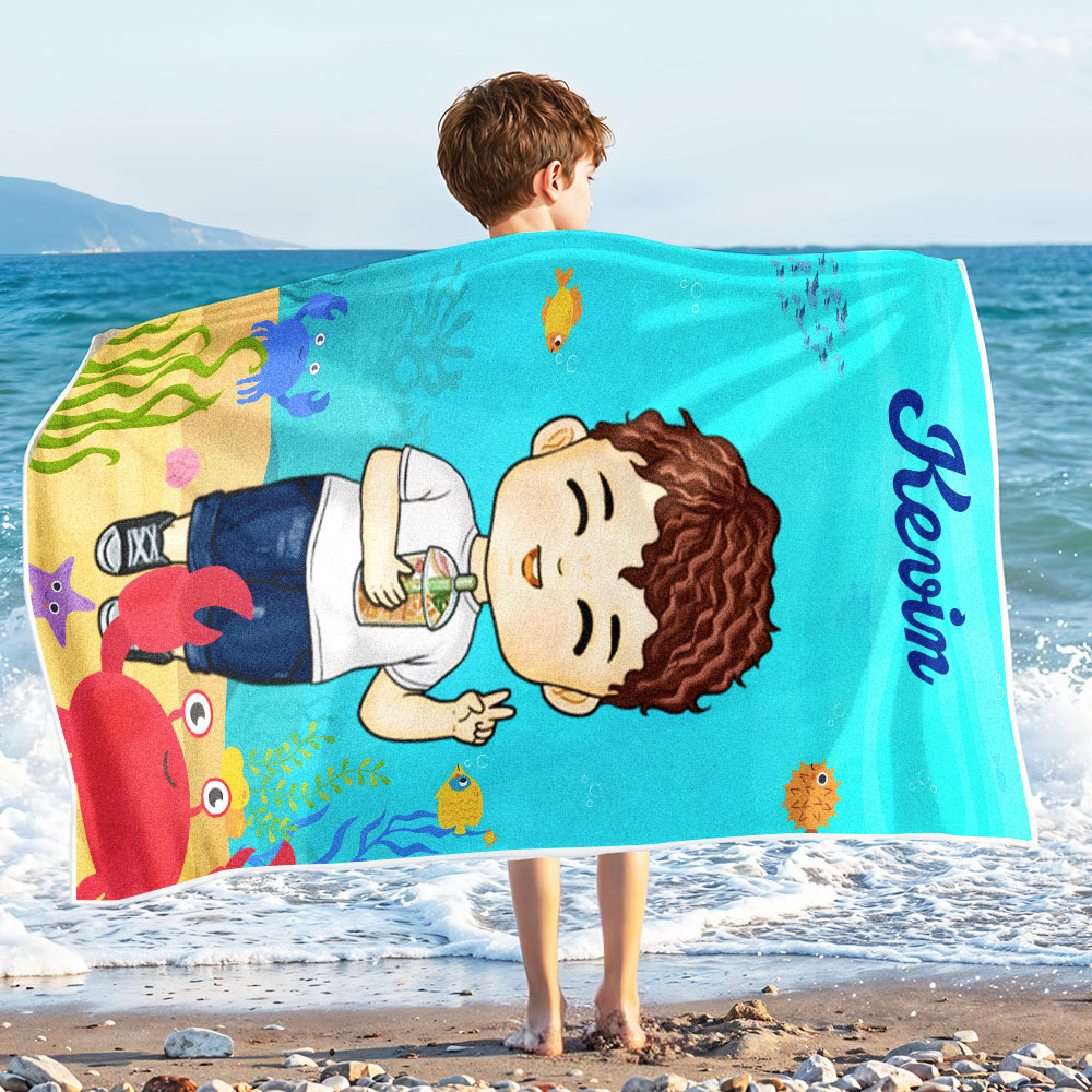 Personalized Kids Cartoon Beach Towel with Name & Photo Custom Summer Gift - MyJigsawPuzzleAu