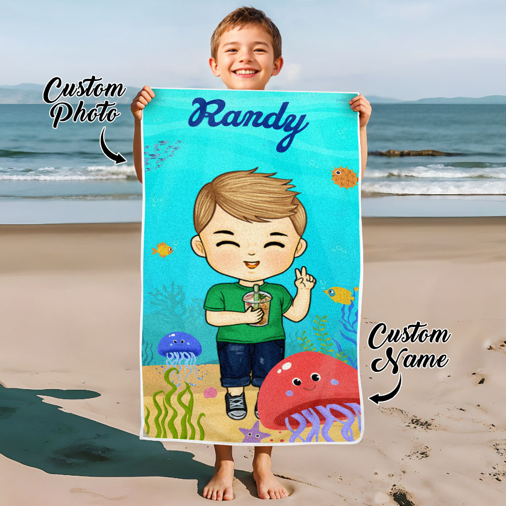 Personalized Kids Cartoon Beach Towel with Name & Photo Custom Summer Gift - MyJigsawPuzzleAu