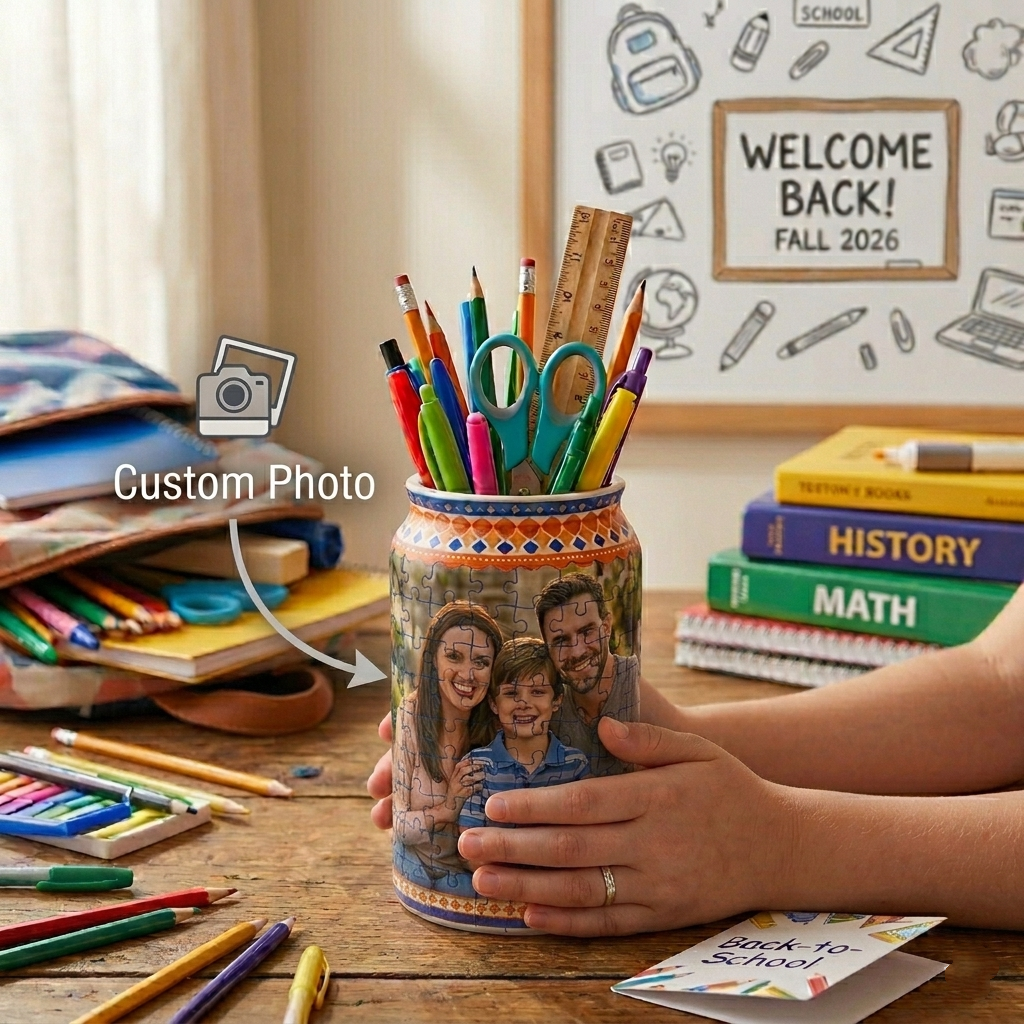 Custom Photo Back to School 3D Jigsaw Puzzle  Pen Cup Desktop Storage Box DIY Plastic Cylindrical Jar