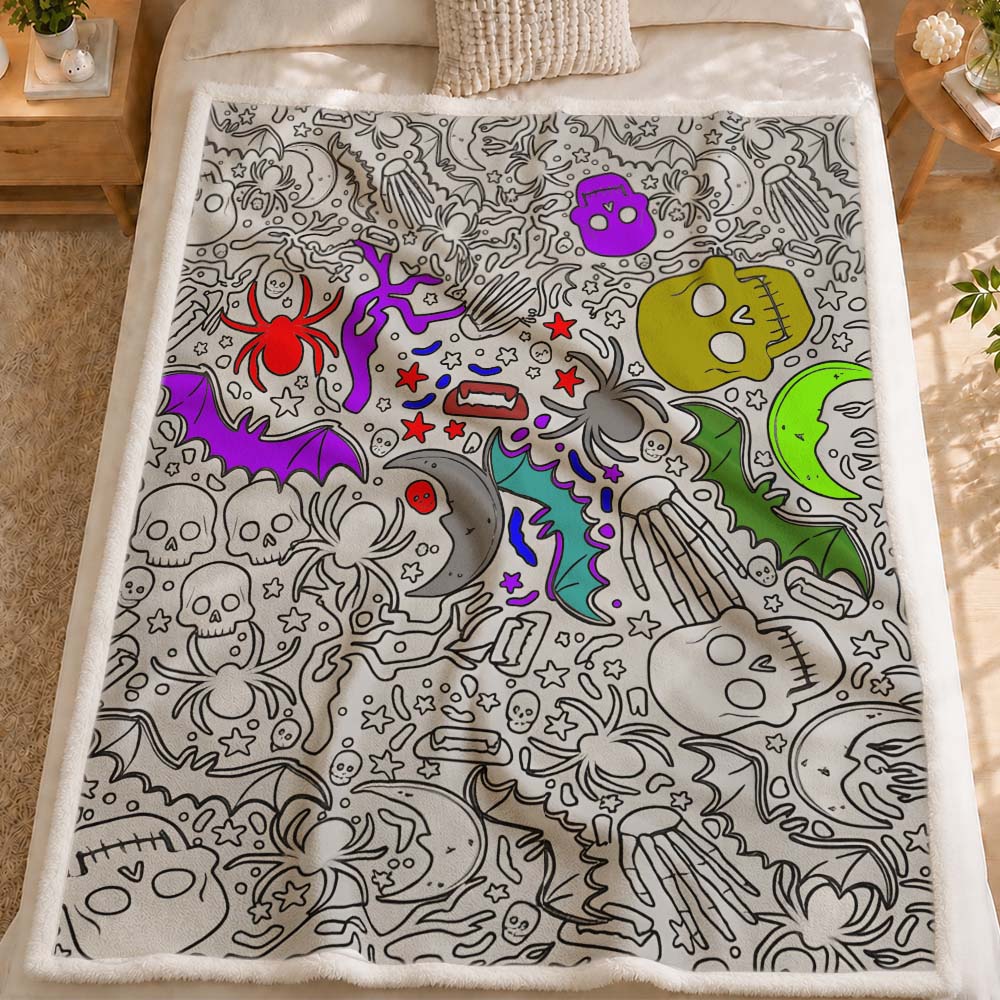 DIY Drawing Blanket | Halloween Skeleton | with 24 Colors Markers, Doodle Your Own Blankets, Customizable Washable Art Blankets for Kids/Adults
