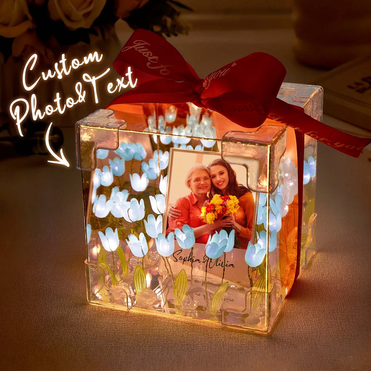 Custom Photo Flower Infinity DIY Infinity Mirror Flower Box with Your Picture and Text Night Light - MyJigsawPuzzleAu