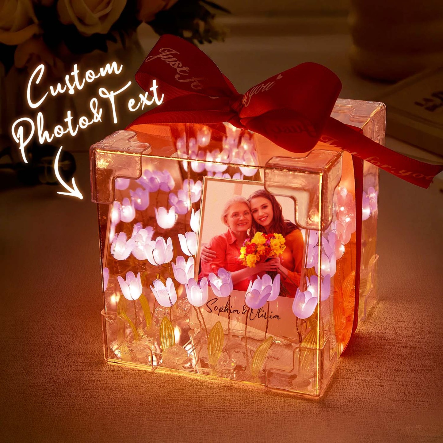 Custom Photo Flower Infinity DIY Infinity Mirror Flower Box with Your Picture and Text Night Light - MyJigsawPuzzleAu