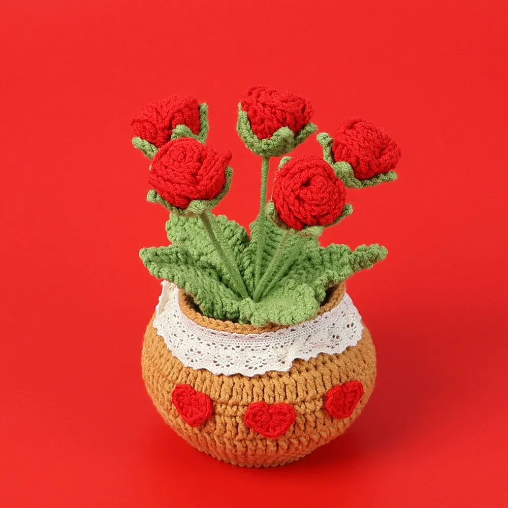 Handmade Crochet Rose Potted Plant Yarn Flower for Home Decor Gift - MyJigsawPuzzleAu