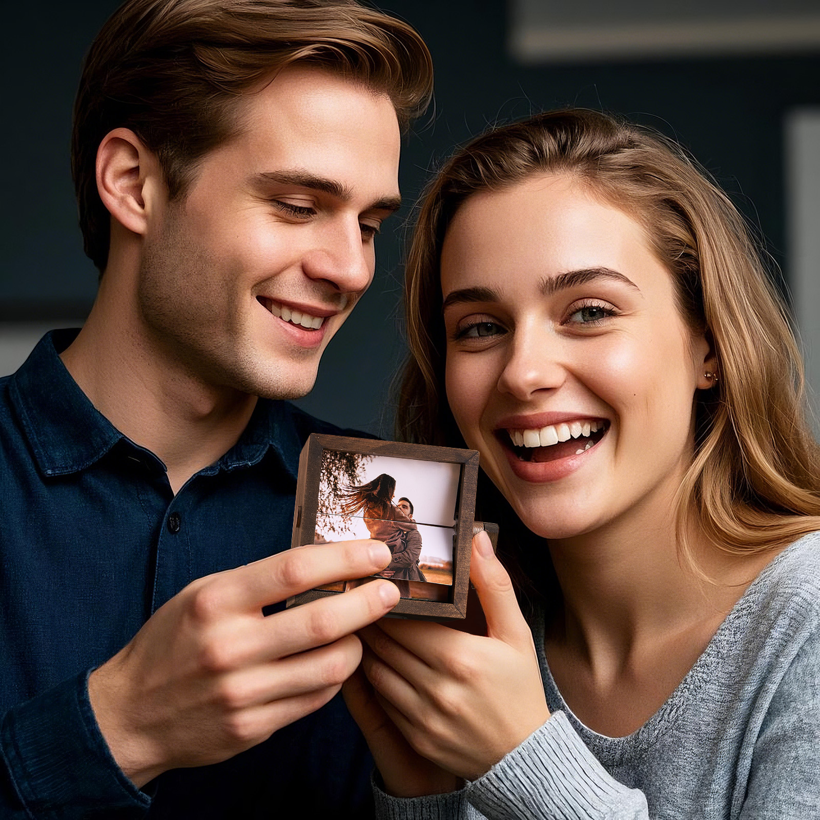 Custom Hand-Cranked Flipbook Photo Cube Walnut Coulpe Frame with Light Unique Gift Idea