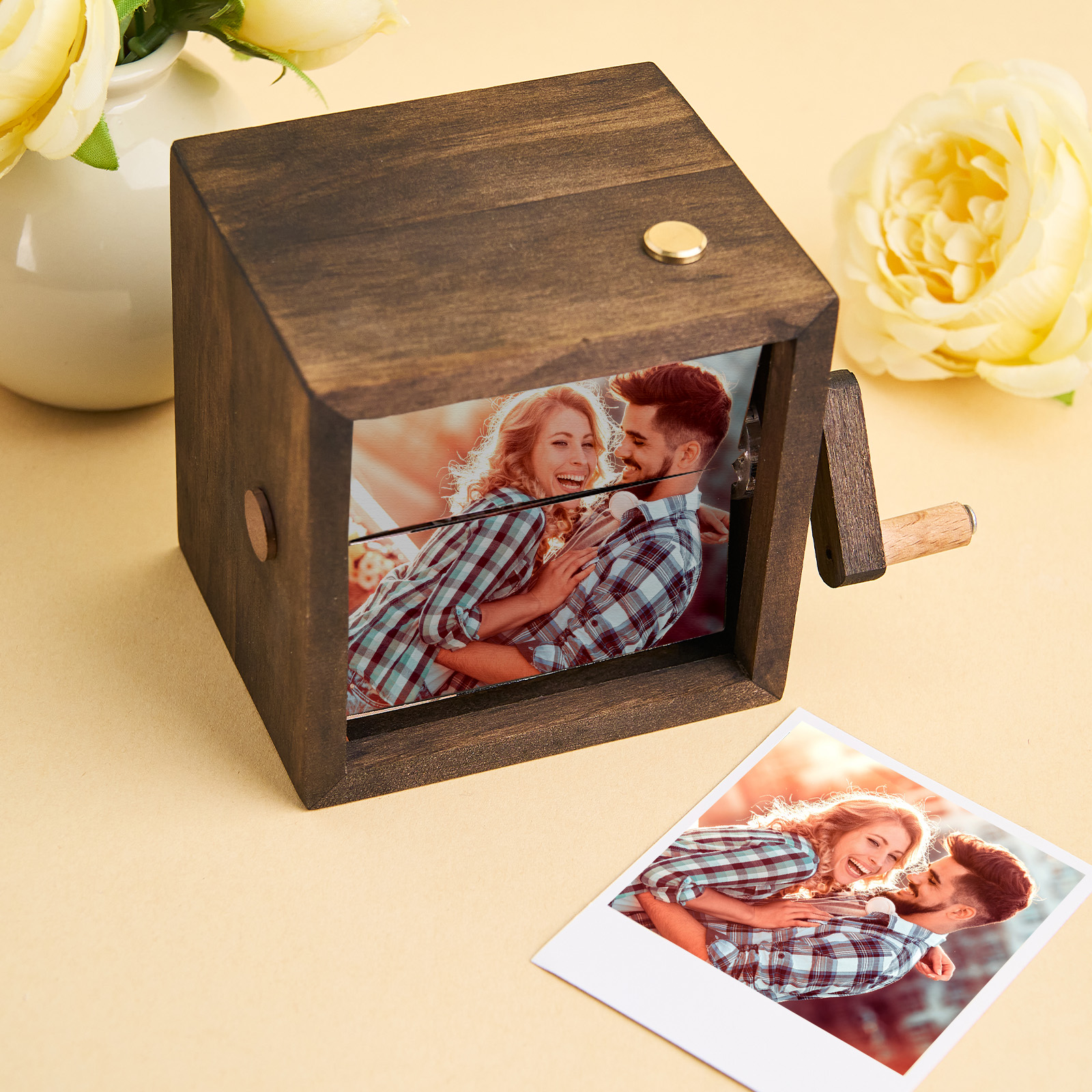 Custom Artisanal Flipbook Photo Display Personalized Walnut Hand-Cranked Cube with Light Perfect Gift