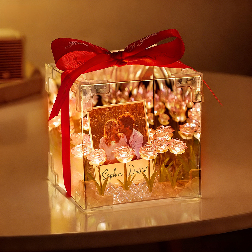 Custom Photo Flower Infinity DIY Infinity Mirror Flower Box with Your Picture and Text Night Light - MyJigsawPuzzleAu