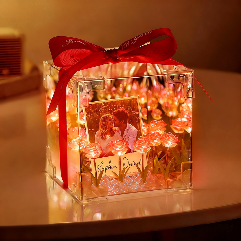 Custom Photo Flower Infinity DIY Infinity Mirror Flower Box with Your Picture and Text Night Light - MyJigsawPuzzleAu