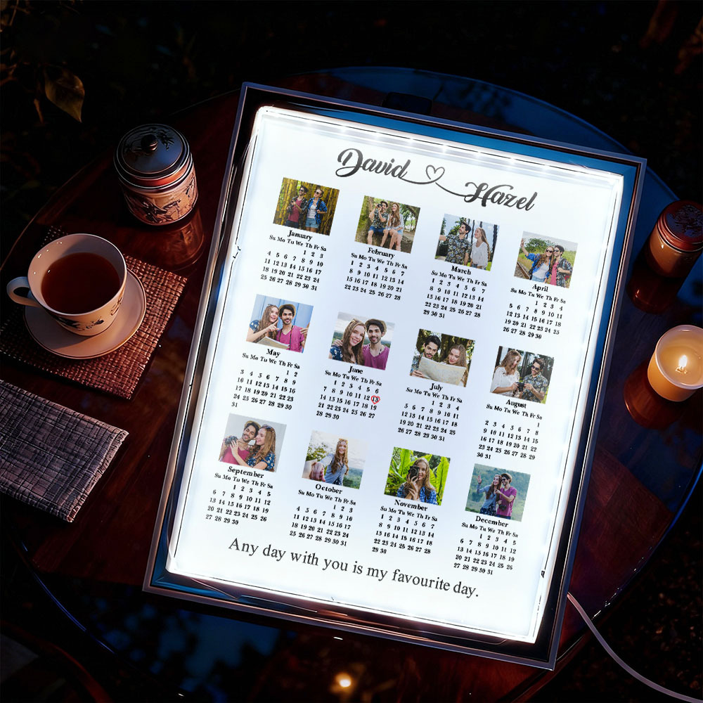 Personalized 2026 Couple Photo Calendar Mirror Night Light Box - Our love will continue to last through time. - MyJigsawPuzzleAu