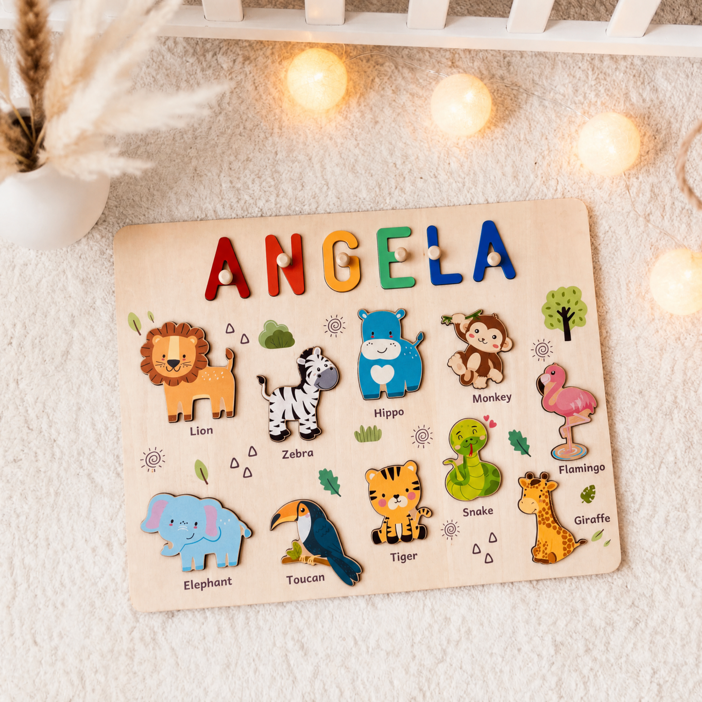 Personalized Wooden Name Puzzle - Safari Animal Learning Toy for Toddlers