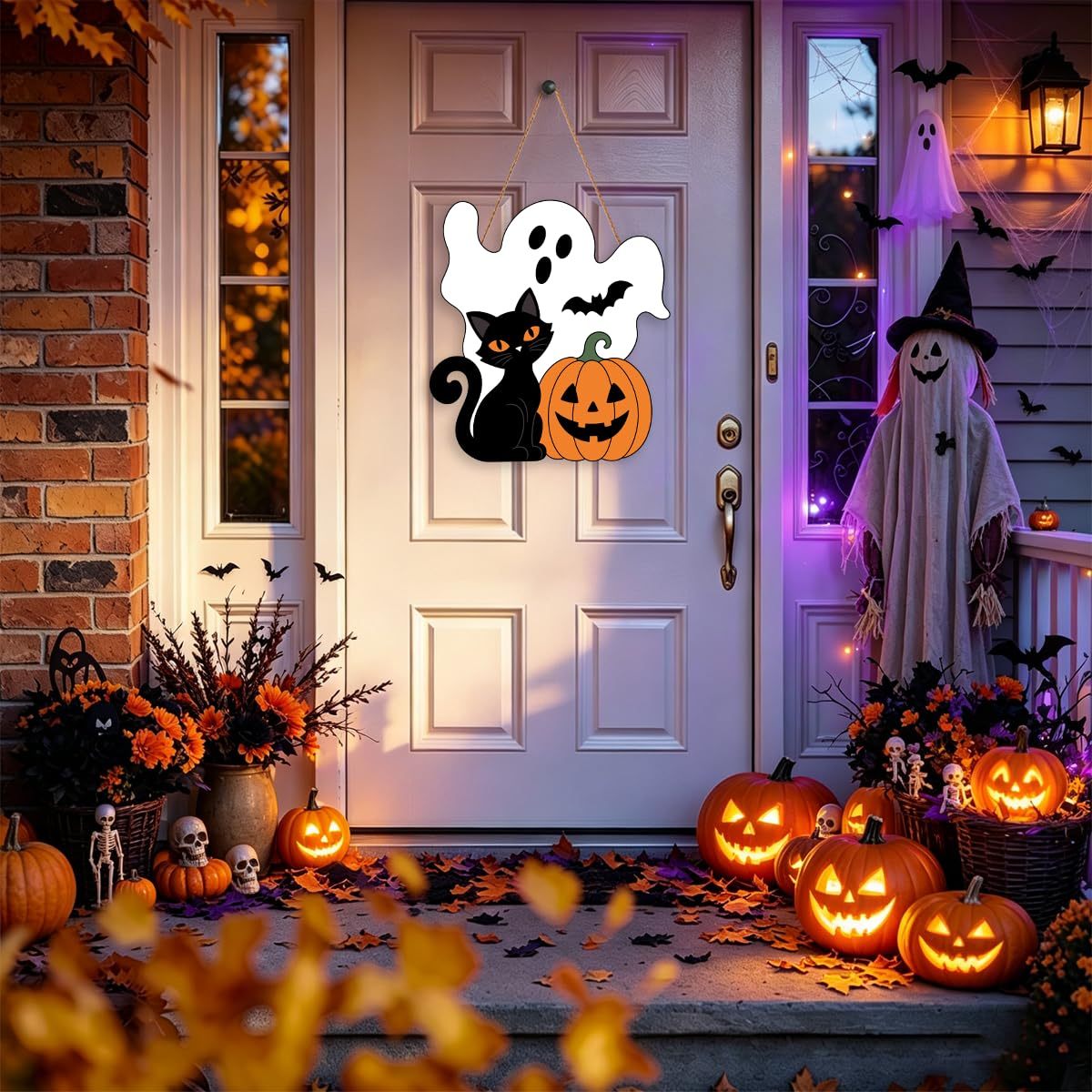 Halloween Wreath for Front Door Wooden Ghost Pumpkin Door Sign Wall Decor - MyJigsawPuzzleAu