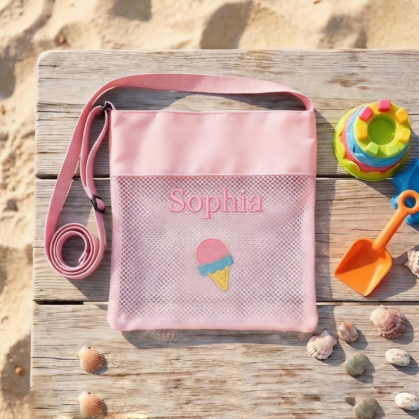 Personalized Embroidered Mesh Beach Bag, Custom Name Shell Collection Tote for Kids, Summer Vacation Birthday Gift,Pool Bag,gift for kid - MyJigsawPuzzleAu