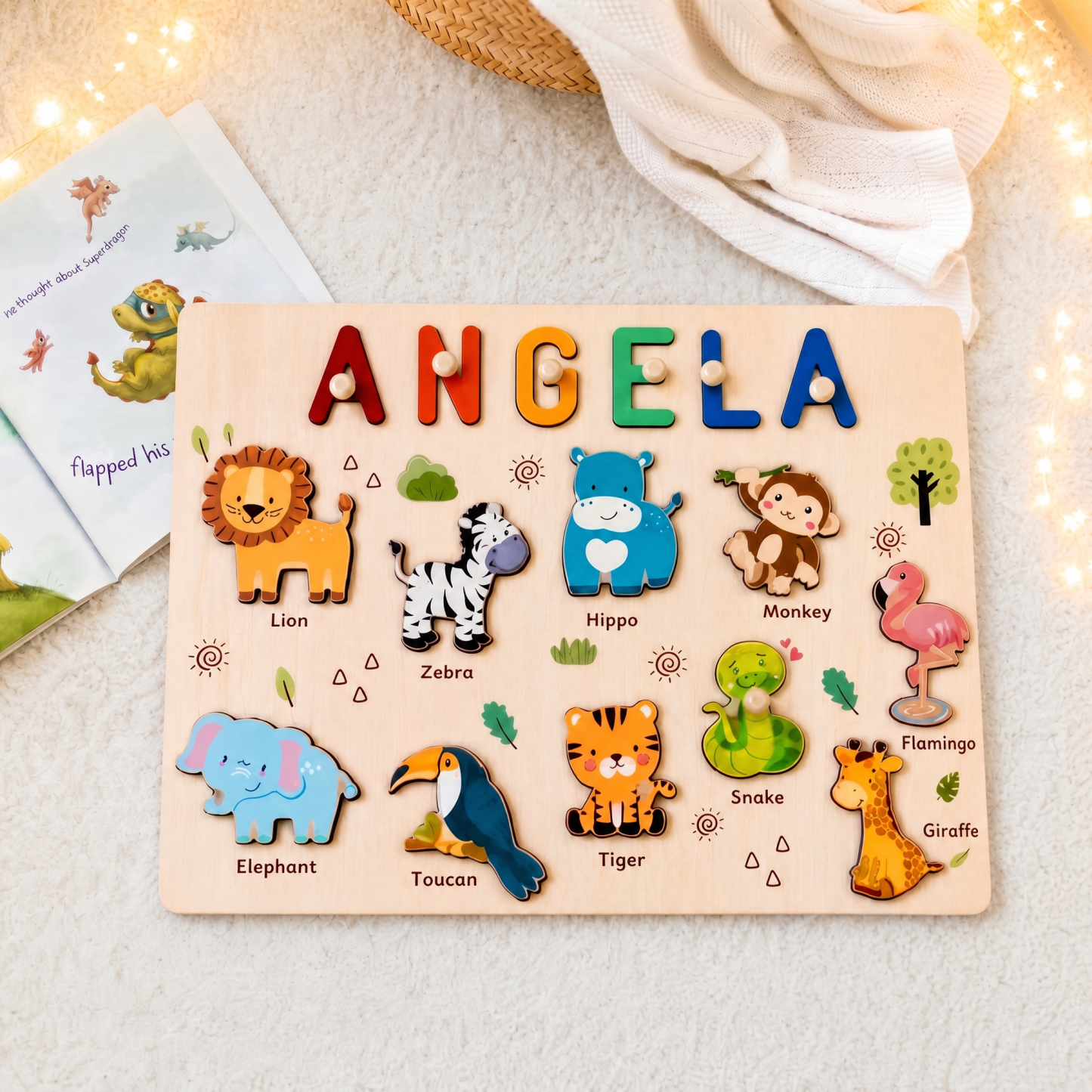 Personalized Wooden Name Puzzle - Safari Animal Learning Toy for Toddlers