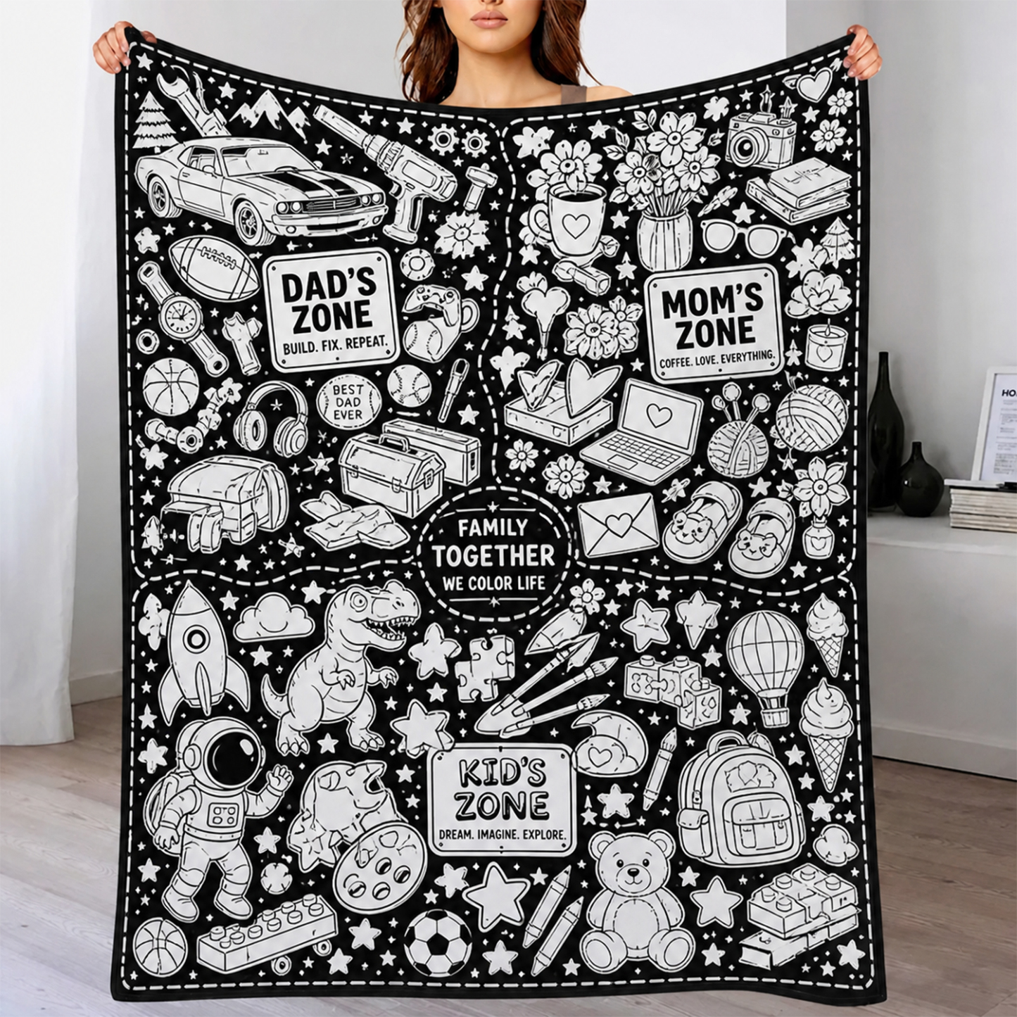 DIY Drawing Blanket (Optional 24-Color Marker Set) , Multi-Theme Create-Your-Own Art Blanket for Dad Kids, Couples, Families & Pet Lovers