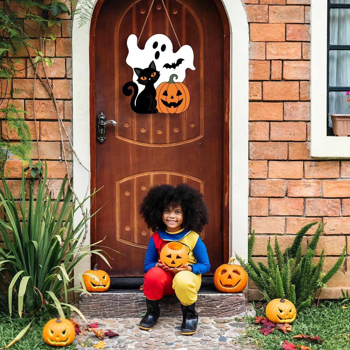 Halloween Wreath for Front Door Wooden Ghost Pumpkin Door Sign Wall Decor - MyJigsawPuzzleAu