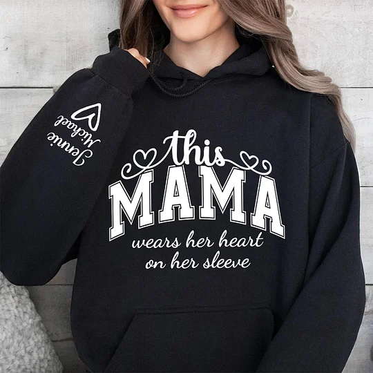 This MAMA Wears Her Heart On Her Sleeve Personalized Hoodie, Personalized Valentine Mama Hoodie - MyJigsawPuzzleAu