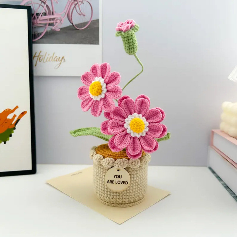 Handmade Yarn Flower Gift for Home Decor Crocheted Rose Potted Plant - MyJigsawPuzzleAu