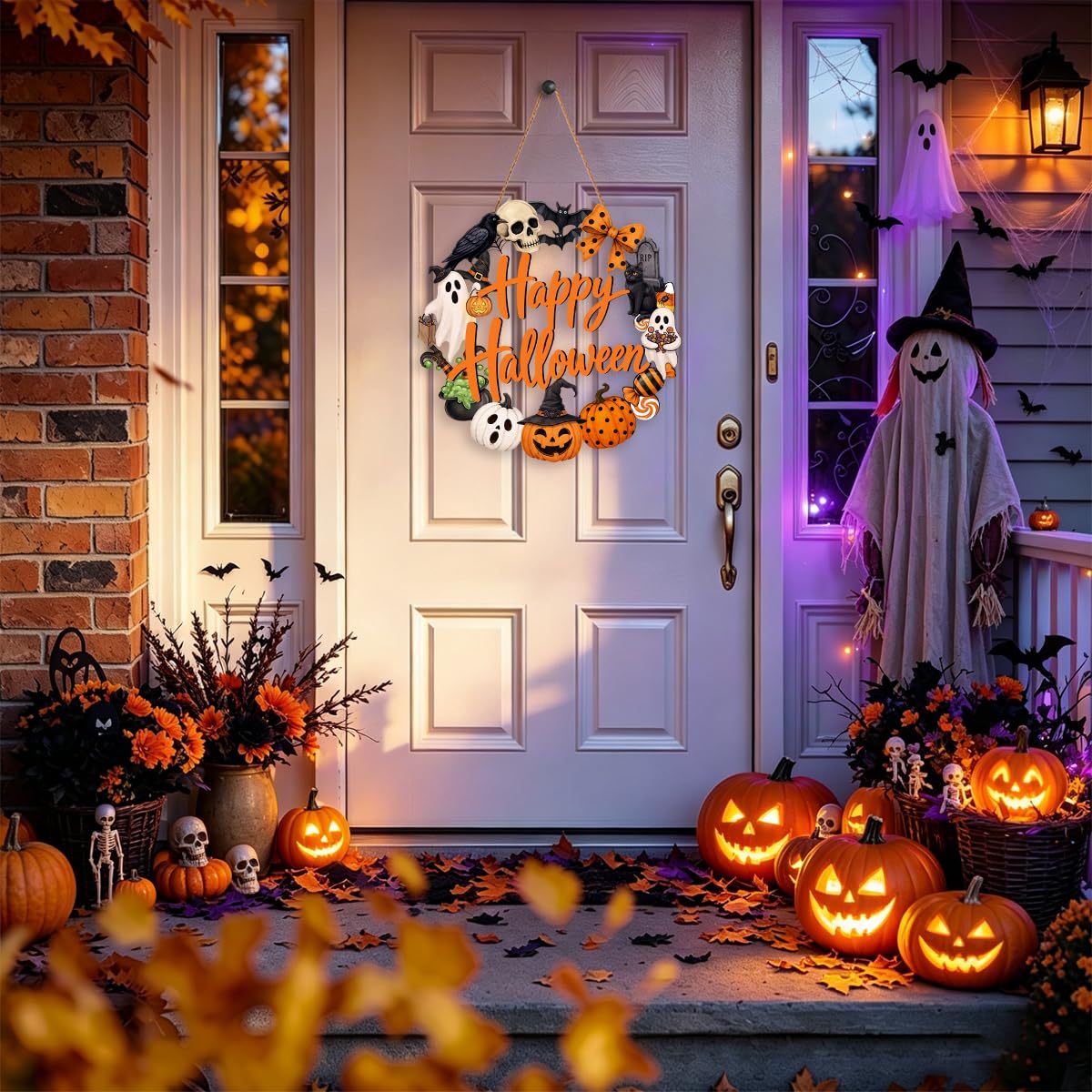 Halloween Wreath for Front Door Wooden Ghost Pumpkin Door Sign Wall Decor - MyJigsawPuzzleAu