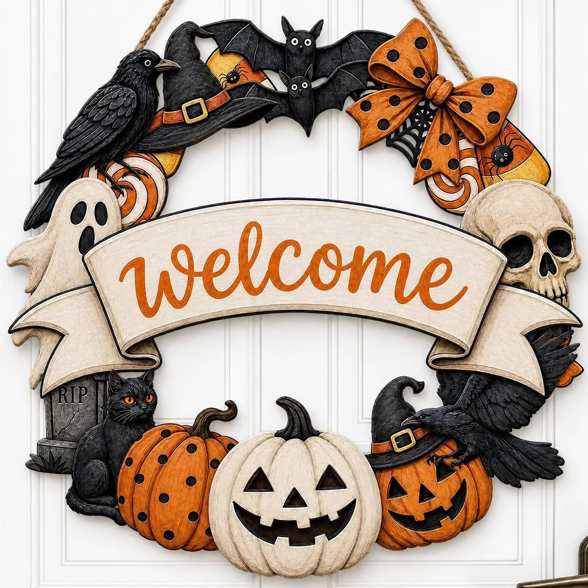 Halloween Wreath for Front Door Wooden Ghost Pumpkin Door Sign Wall Decor - MyJigsawPuzzleAu