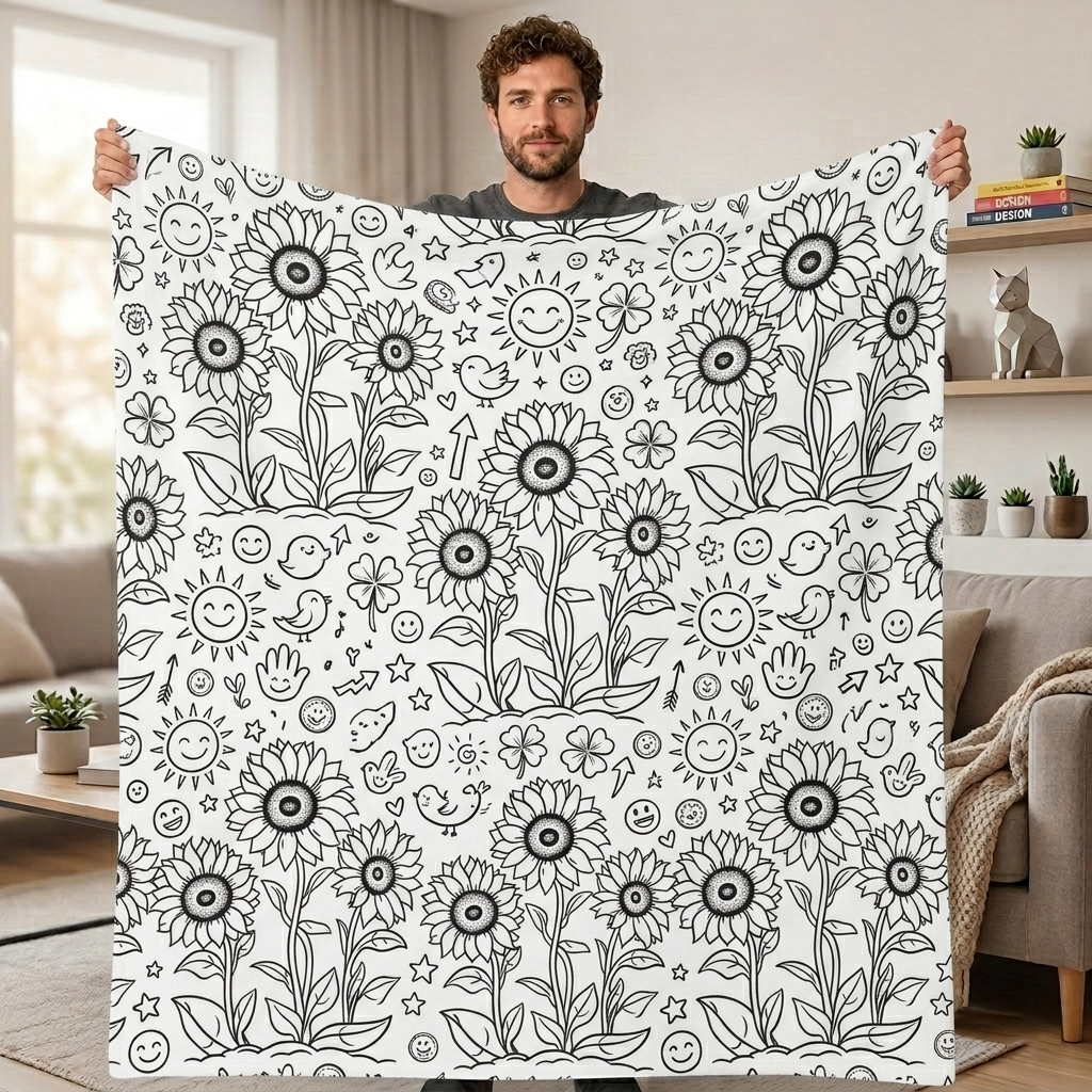 DIY Doodling Blanket | Sunflower & Sun | with 24 Colors Markers, Doodle Your Own Blankets, Customizable Washable Paint & Play Blankets for Adults