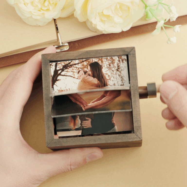 Custom Hand-Crank Flipbook Box Photo Album with Light Black Walnut Baby Photo Cube Frame Creative Gift - MyJigsawPuzzleAu