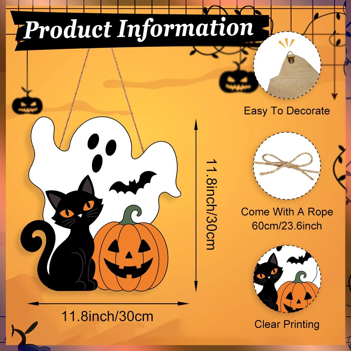 Halloween Wreath for Front Door Wooden Ghost Pumpkin Door Sign Wall Decor - MyJigsawPuzzleAu