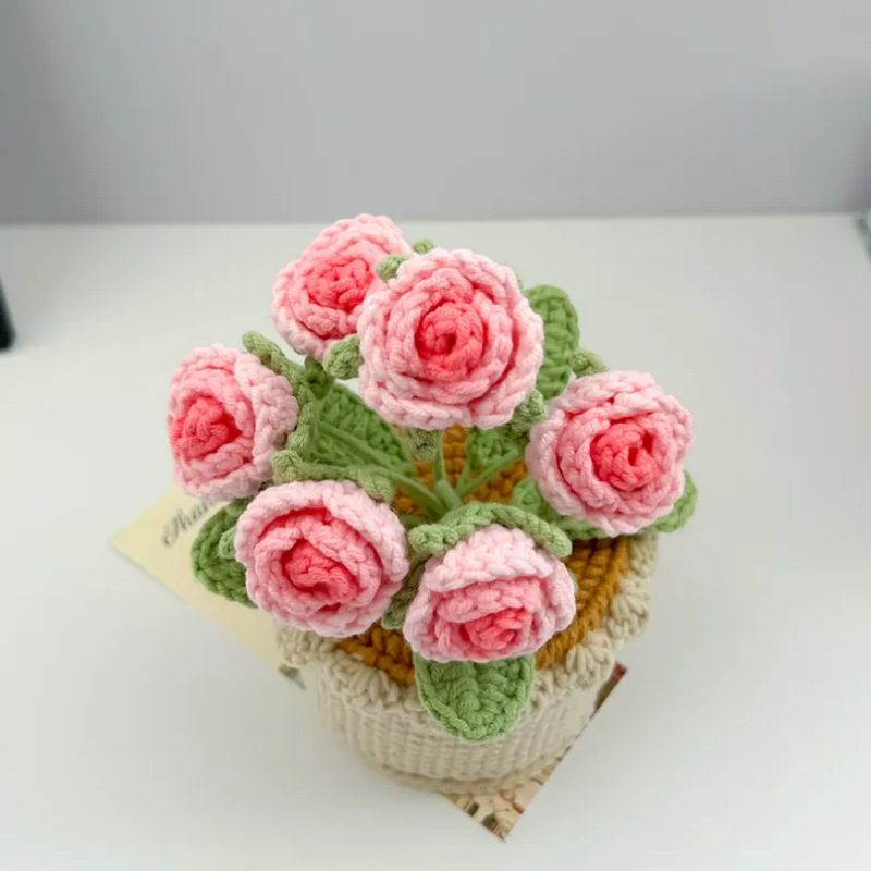 Handmade Yarn Flower Gift for Home Decor Crocheted Rose Potted Plant - MyJigsawPuzzleAu
