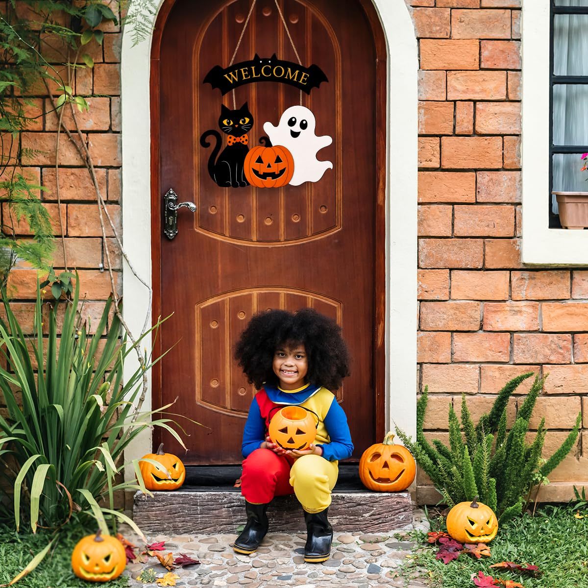 Halloween Wreath for Front Door Wooden Ghost Pumpkin Door Sign Wall Decor - MyJigsawPuzzleAu