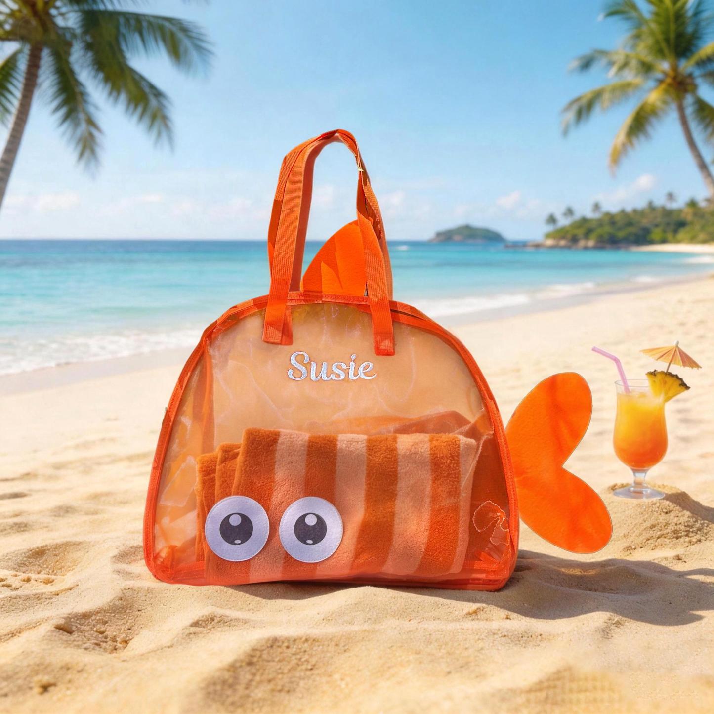 Custom Embroidered Kids Beach Bag, Mesh Fish Beach Tote, Personalized Children's Beach Tote Bag, Kids' Toy Beach Bag, Gift for Kids - MyJigsawPuzzleAu