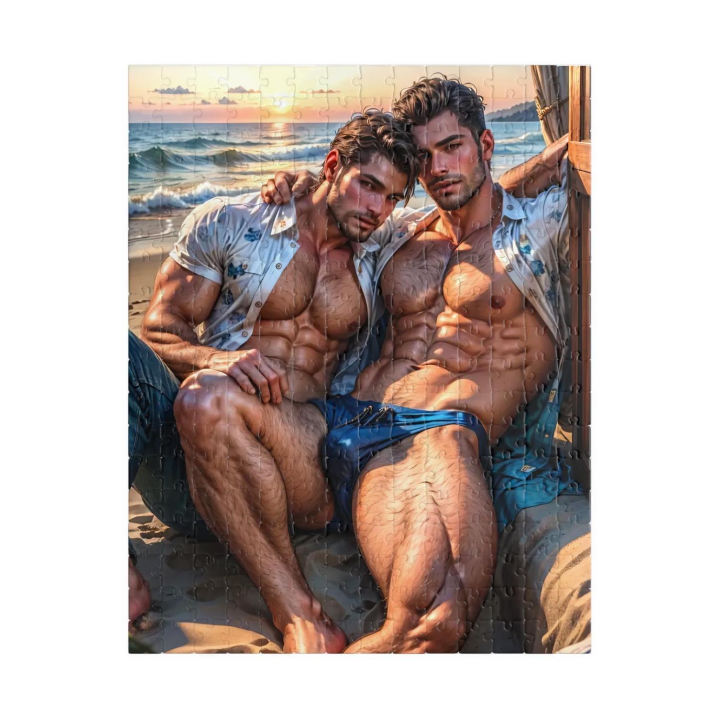 Adult Jigsaw Puzzles | Golden Hour Lovers | Intimate Gay Couple Puzzle by the Sea | Gay Art | Macho Men | Gay Wall Decor | LGBTQ Art - MyJigsawPuzzleAu