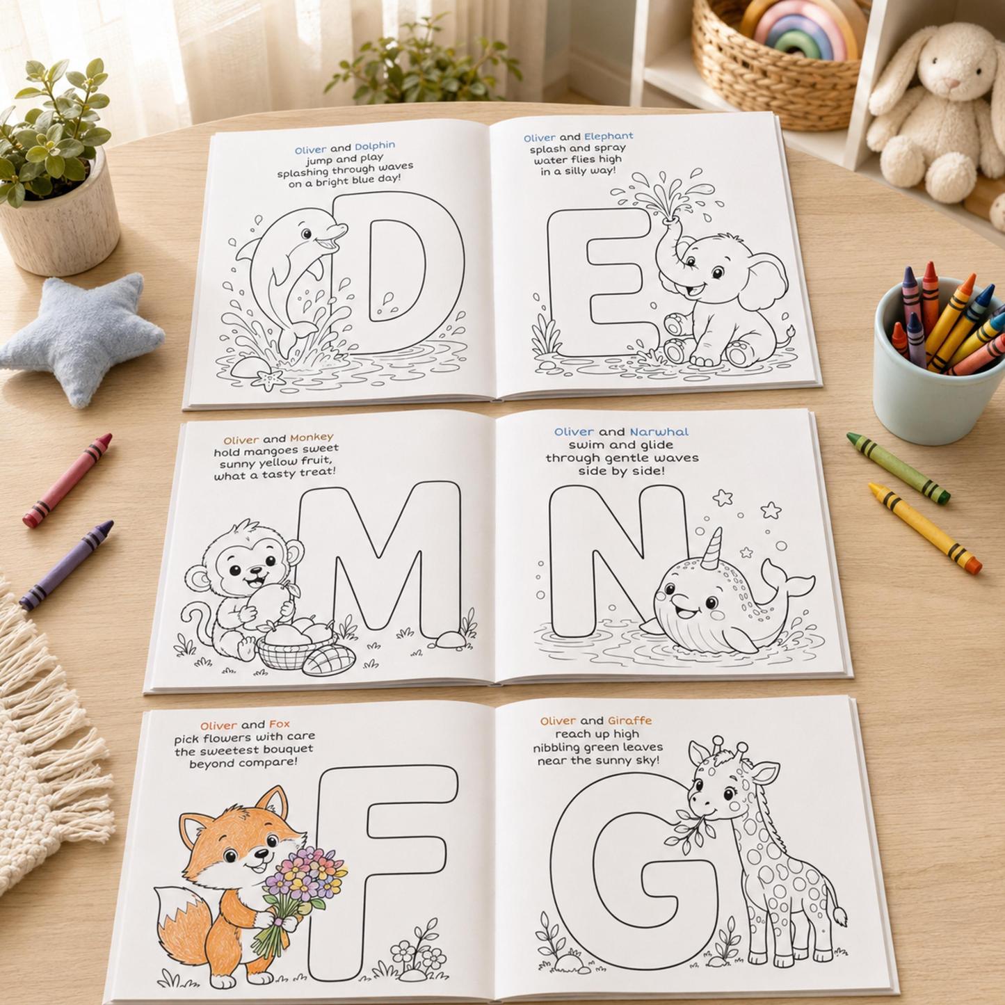 Personalized Coloring Book with 24 Colors Colored Pencil for Kids, Animal Alphabet Adventure, Christmas Gift for Kids - MyJigsawPuzzleAu