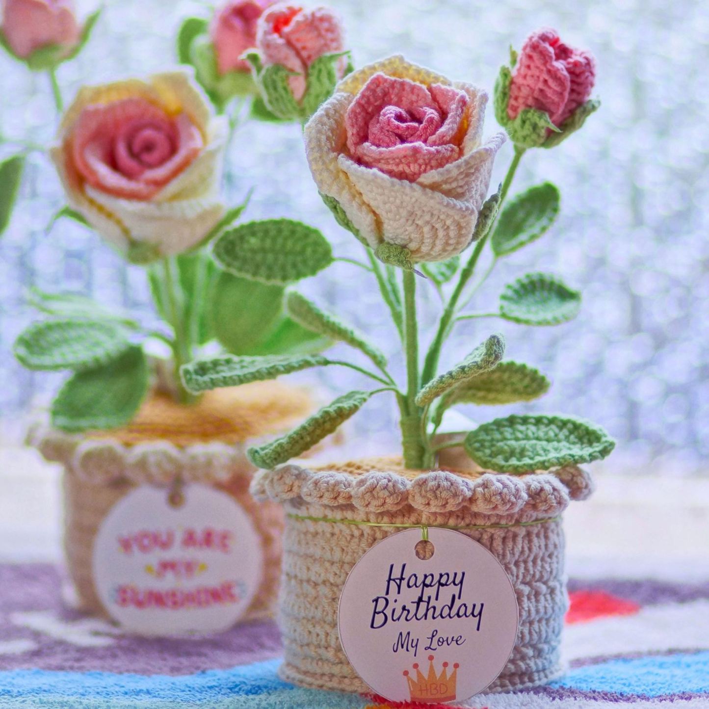 Crocheted Rose/Lily of the Valley Romantic LED Night Light Glowing Knit Flower for Her - MyJigsawPuzzleAu