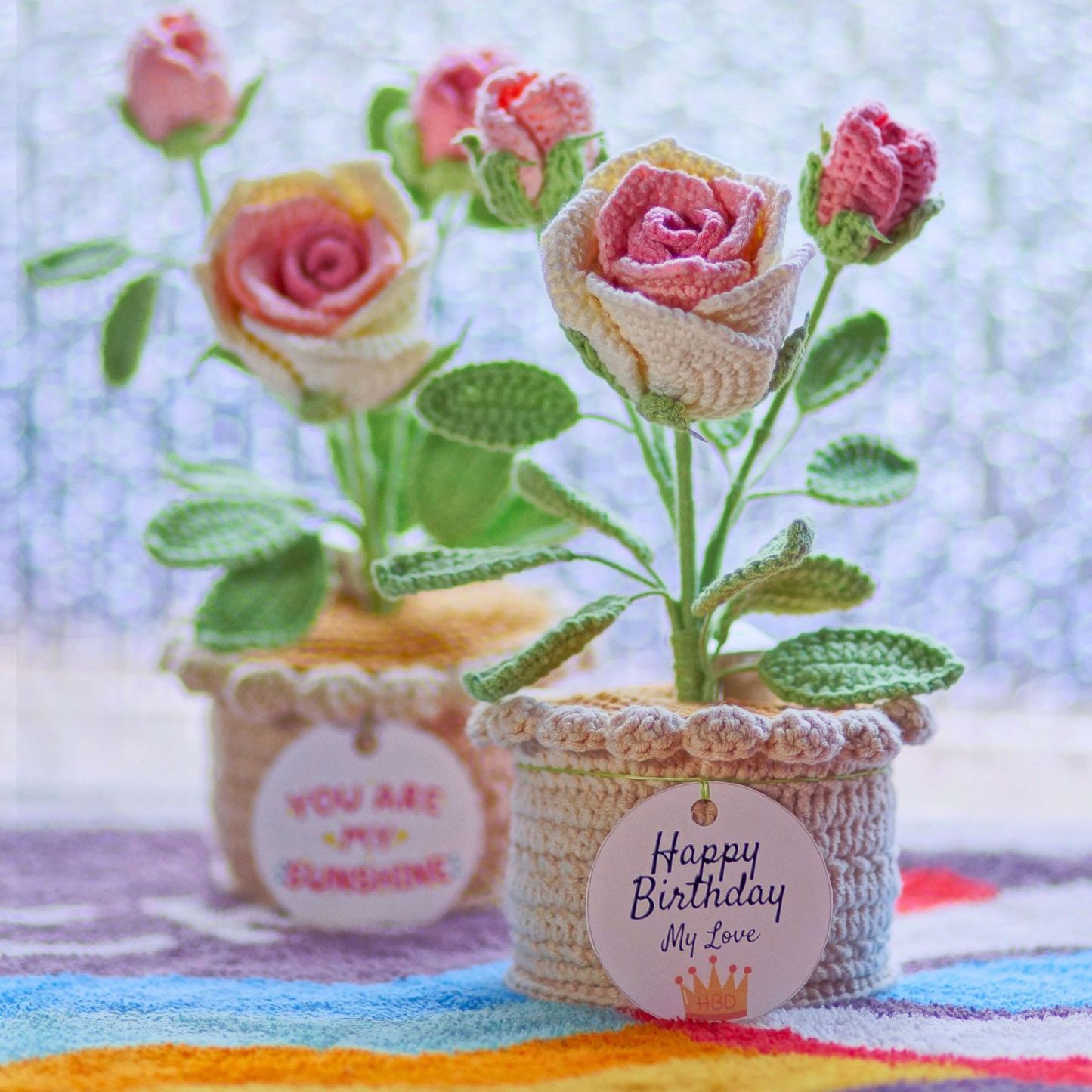 Crochet Rose Night Light Potted Plant Handmade Yarn Flower Gift for Home Decor - MyJigsawPuzzleAu