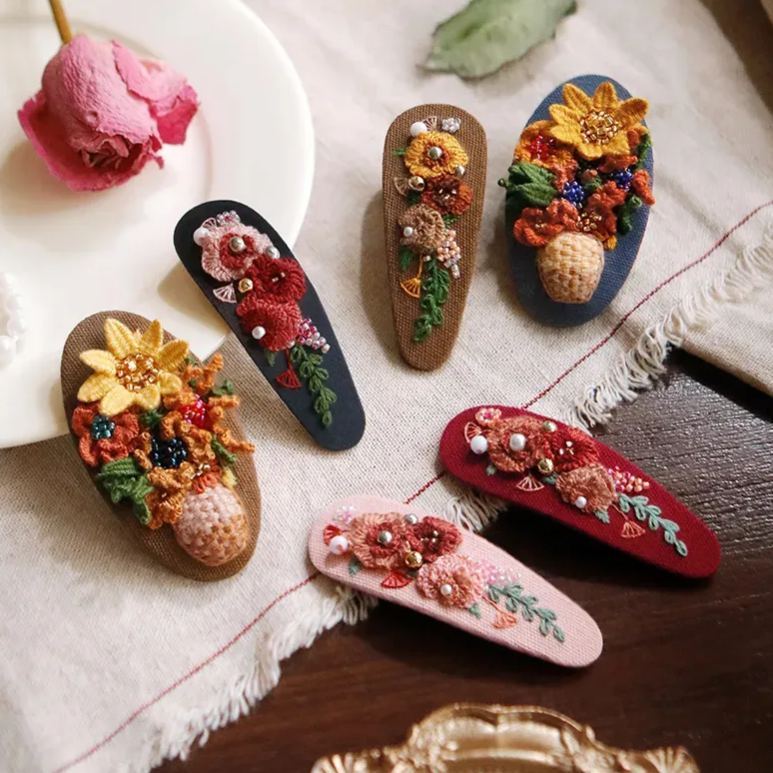 DIY Crochet & Embroidery Hair Clip Kit | Handmade Floral Barrette Craft Set, Easy Yarn & Stitch Gift for Women & Teens - MyJigsawPuzzleAu