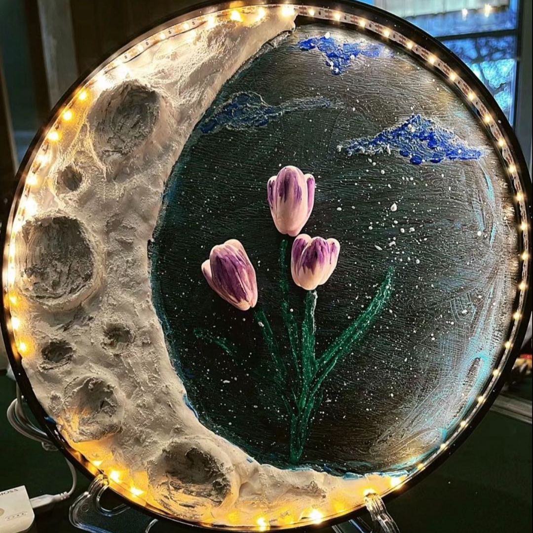 DIY Plaster Moon Lamp Kit with Warm Light | Moon Painting Night Light | Kit Contains 2 Brushes,1 Spatula, LED Light Frame,Plaster | With Optional Stand & Colorful Paint
