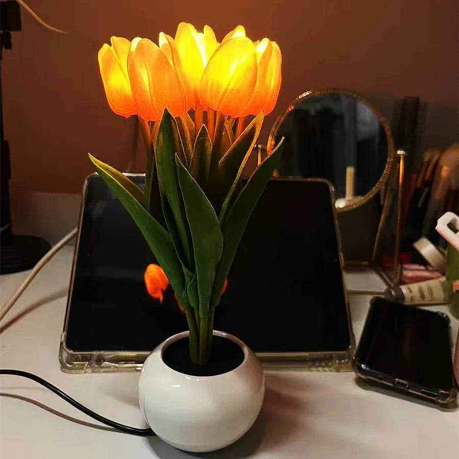 Contemporary Creative Tulip Flower Ceramic PU USB LED Table Lamp For Bedroom - MyJigsawPuzzleAu