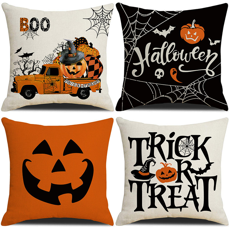 Halloween Pillow Covers 18 x 18 Set of 4 -Linen Print Thanksgiving Sofa Pillow Cover -Happy Halloween Cushion Case for Holiday Party Living Room Bedroom Home Fall Decorative - MyJigsawPuzzleAu