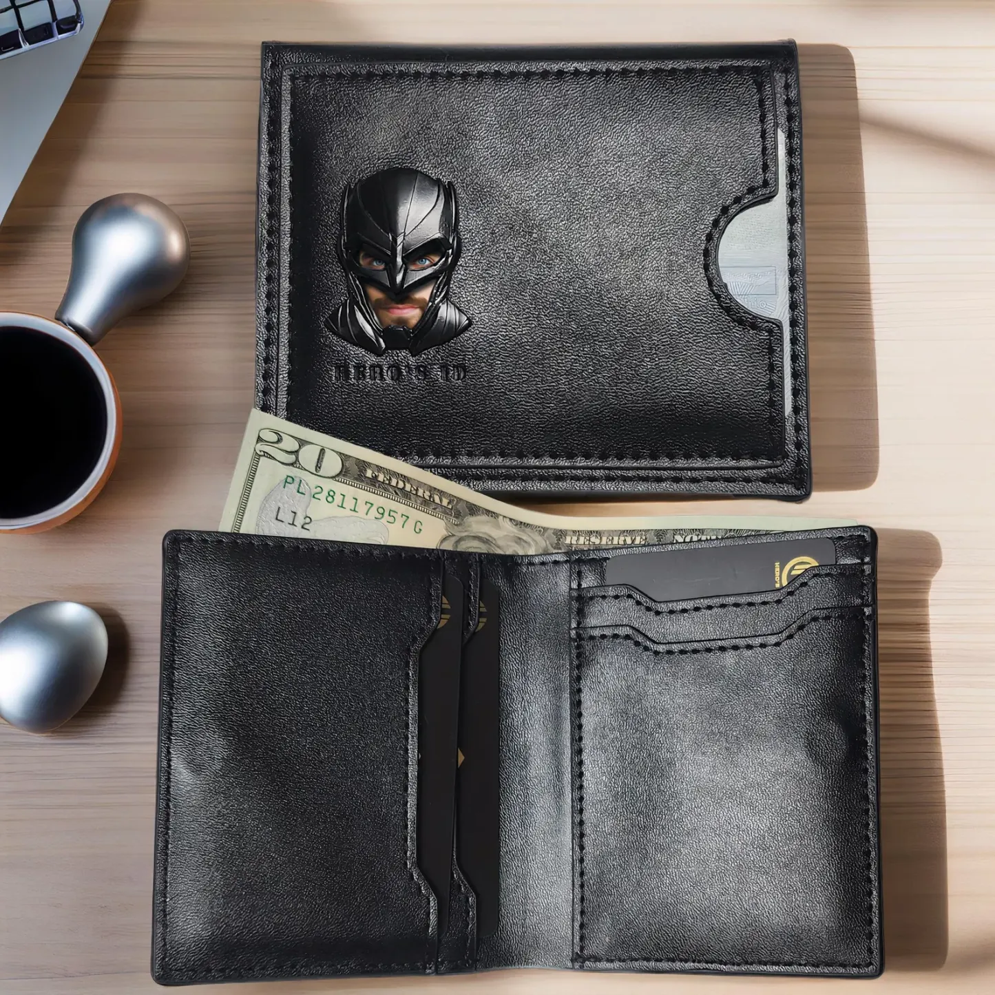 Bat ID Wallet - Leather Wallet With Super Hero Mask - wallet for him valentine's day gift for dad boyfriend husband anniversary birthday 2 POCKETS - 3D MASK